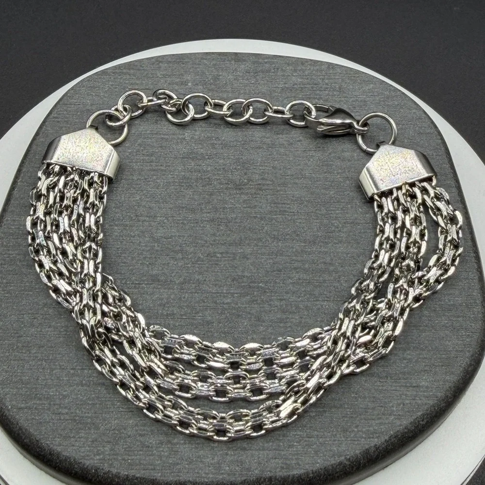 Silver Tone Multi Strand Chain Necklace Bracelet Set Chunky Statement Jewelry